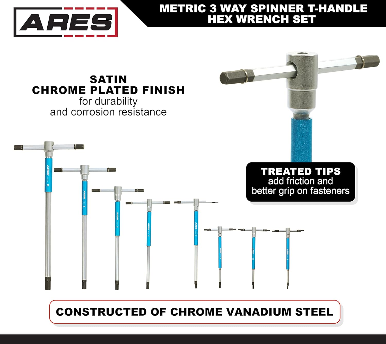 ARES 44001 – 8-Piece Metric 3-Way T-Handle Spinner Hex Allen Key Wrench Set – Sizes from 2mm to 10mm – Sliding Handle, Spinning Sleeve for Versatile Speed and Leverage Application3